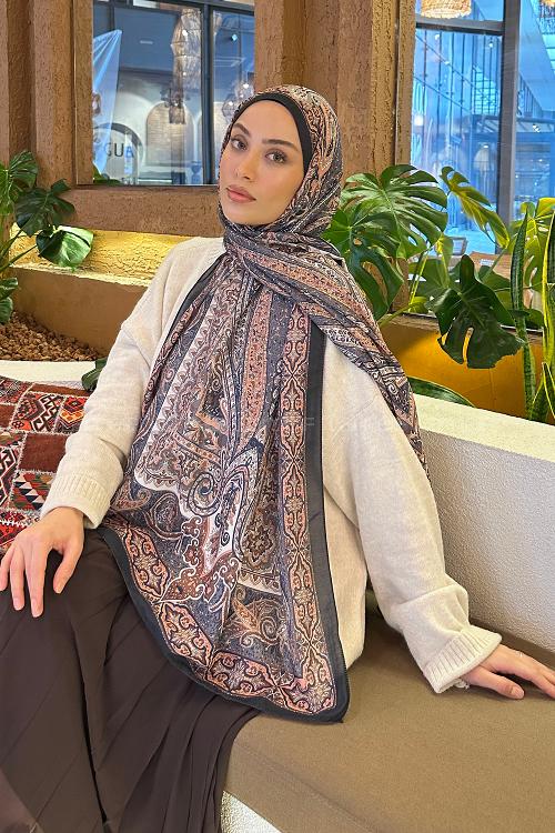 Lamelif Retro Desen Soft Şal Siyah Kiremit