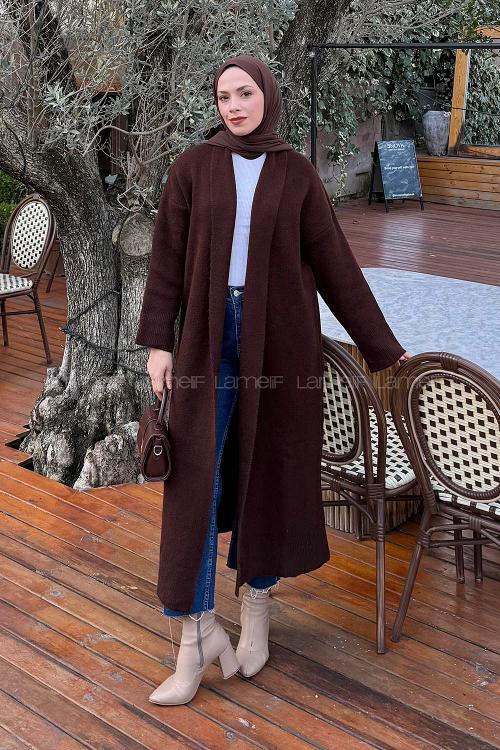 Lamelif Şal Yaka Uzun Triko Hırka Acı Kahve