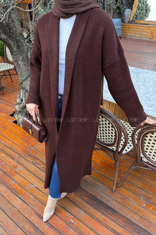Lamelif Şal Yaka Uzun Triko Hırka Acı Kahve