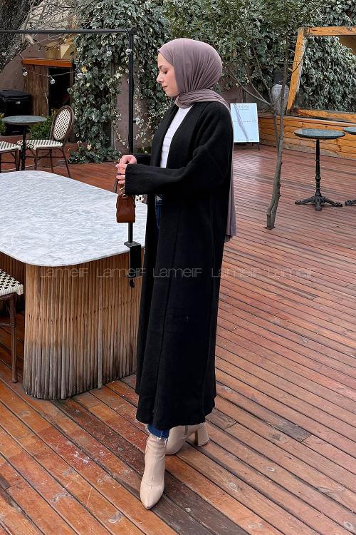 Lamelif Şal Yaka Uzun Triko Hırka Siyah