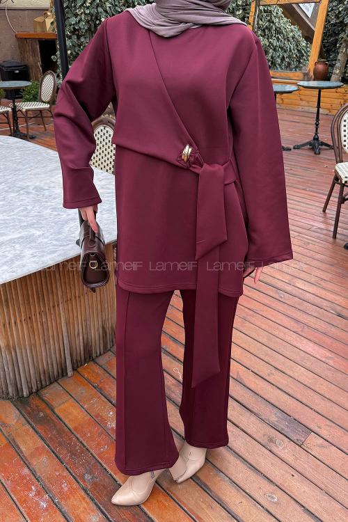 Lamelif Yan Bağlama Detaylı Pantolonlu Takım Bordo