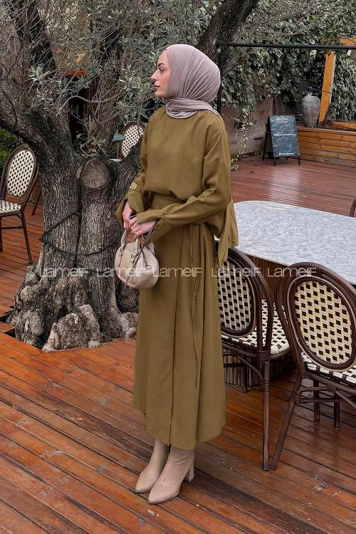 Lamelif Eteği Bağlama Detaylı Takım Yağ Yeşili