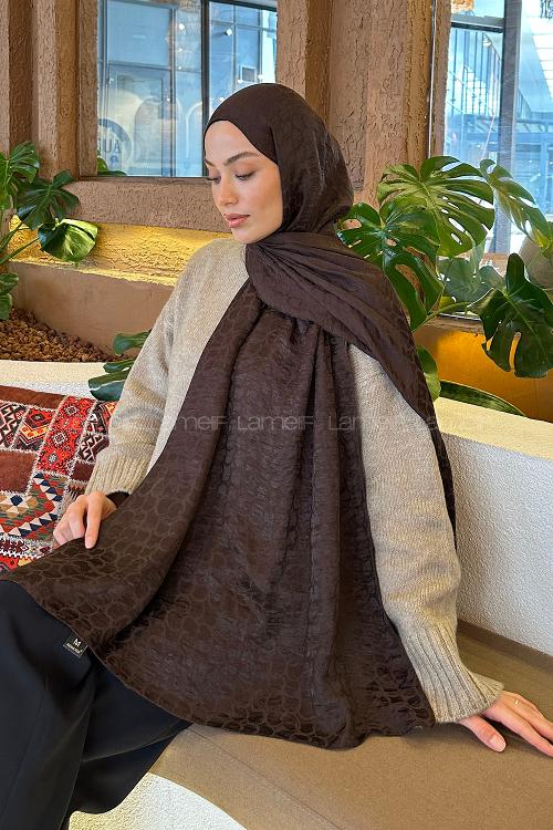 Lamelif  Bloom Desen Ayrobin Floş Jakar  Şal Acı Kahve