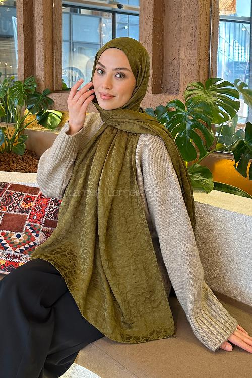 Lamelif  Bloom Desen Ayrobin Floş Jakar  Şal Asker Yeşili