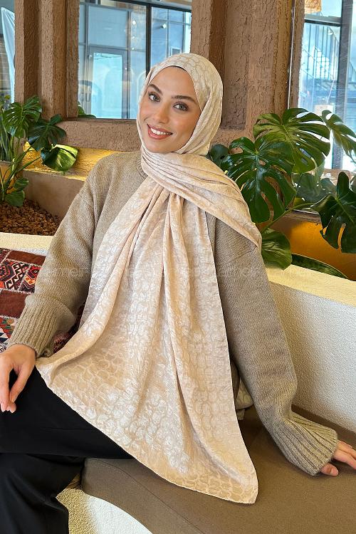 Lamelif  Bloom Desen Ayrobin Floş Jakar  Şal Bej