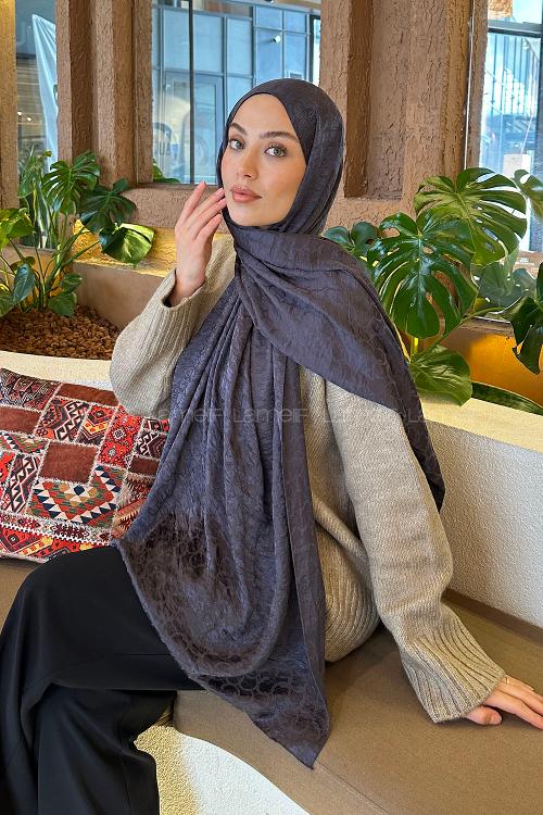 Lamelif  Bloom Desen Ayrobin Floş Jakar  Şal Füme