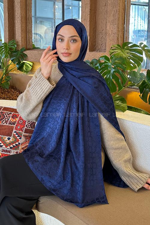 Lamelif  Bloom Desen Ayrobin Floş Jakar  Şal Gece Mavisi