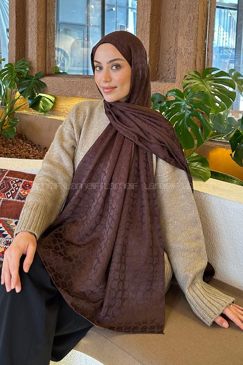 Lamelif  Bloom Desen Ayrobin Floş Jakar  Şal Kahverengi