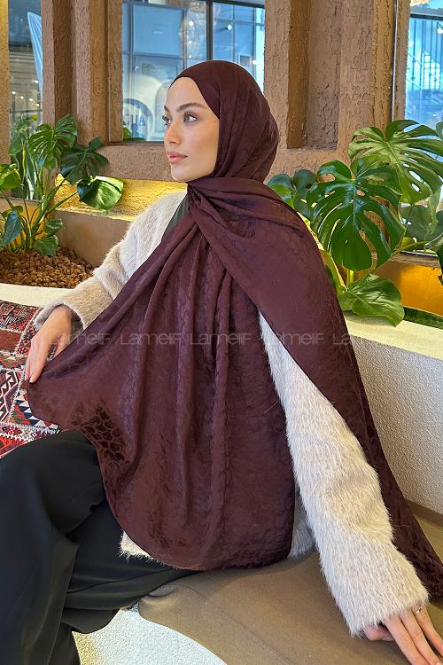 Lamelif  Bloom Desen Ayrobin Floş Jakar  Şal Koyu Bordo