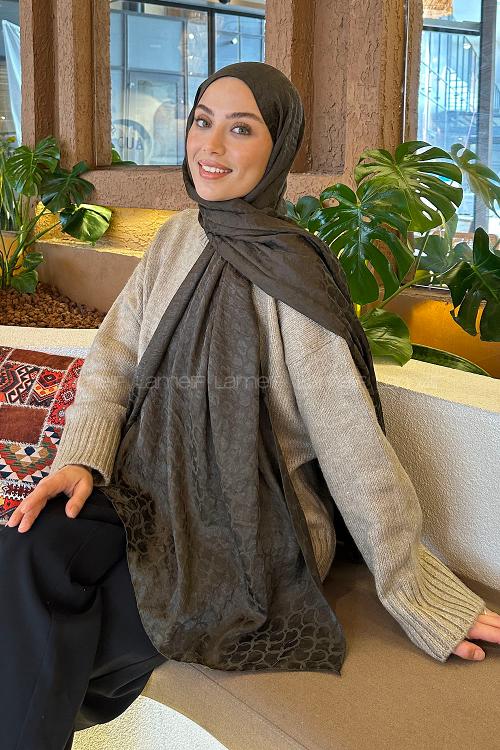 Lamelif  Bloom Desen Ayrobin Floş Jakar  Şal Koyu Yeşil