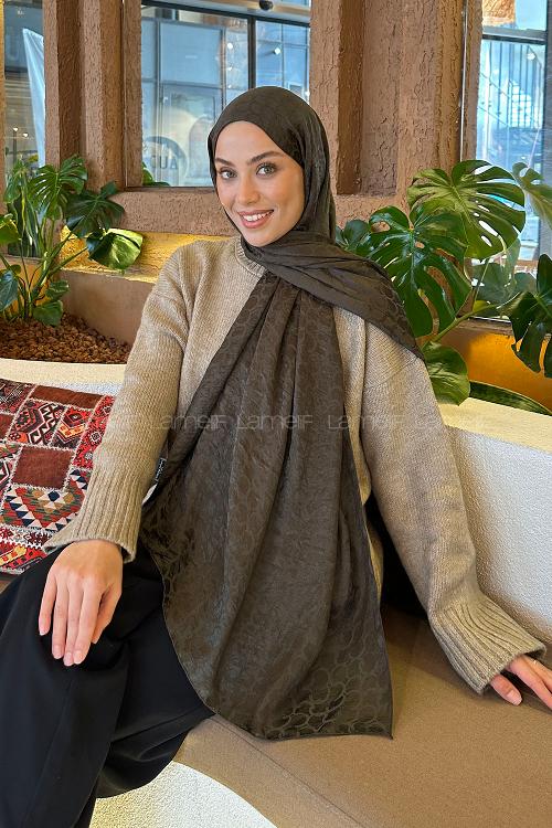 Lamelif  Bloom Desen Ayrobin Floş Jakar  Şal Koyu Yeşil