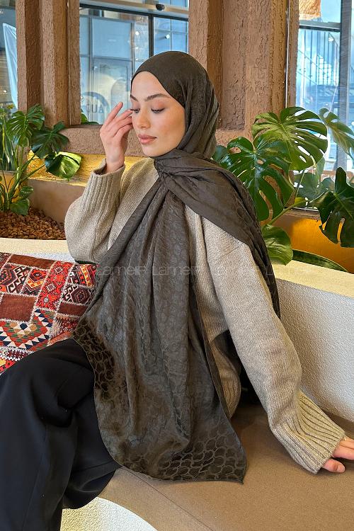 Lamelif  Bloom Desen Ayrobin Floş Jakar  Şal Koyu Yeşil