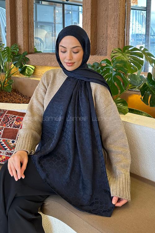 Lamelif  Bloom Desen Ayrobin Floş Jakar  Şal Lacivert