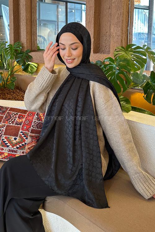 Lamelif  Bloom Desen Ayrobin Floş Jakar  Şal Siyah