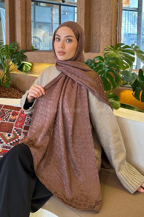 Lamelif  Bloom Desen Ayrobin Floş Jakar  Şal Soft Kahve