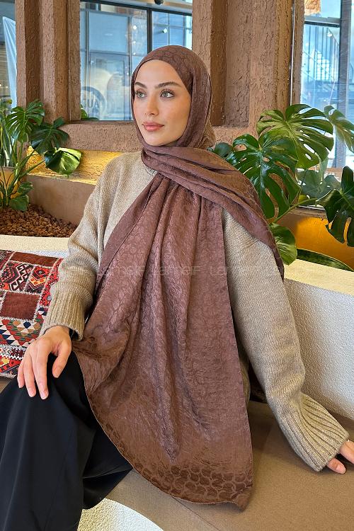 Lamelif  Bloom Desen Ayrobin Floş Jakar  Şal Soft Kahve