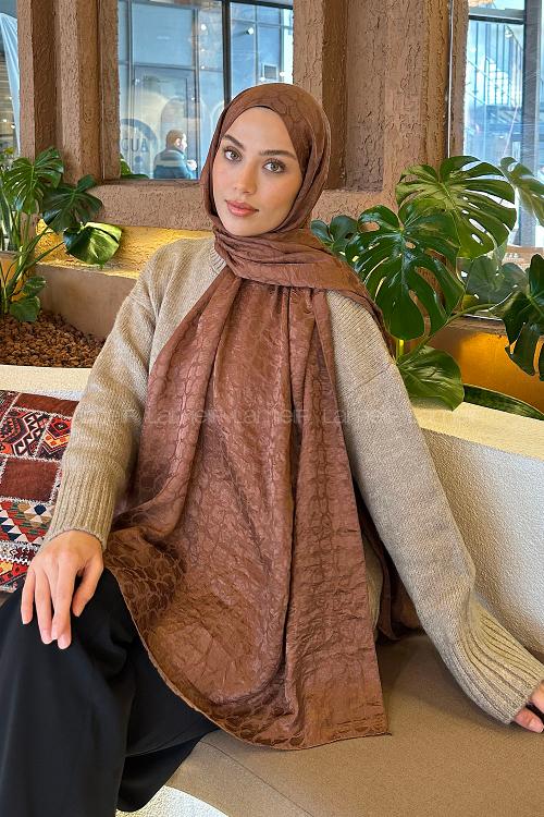 Lamelif  Bloom Desen Ayrobin Floş Jakar  Şal Sütlü Kahve