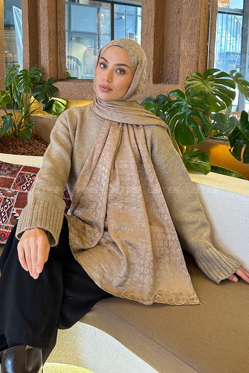 Lamelif  Bloom Desen Ayrobin Floş Jakar  Şal Vizon