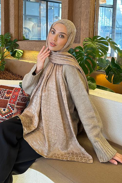 Lamelif  Bloom Desen Ayrobin Floş Jakar  Şal Vizon