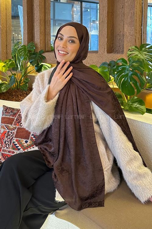 Lamelif  G Desen Ayrobin Floş Jakar  Şal Kahverengi