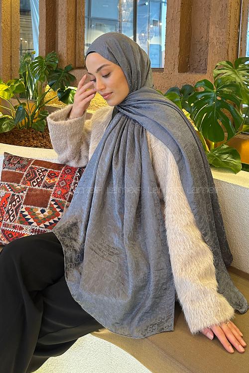 Lamelif  G Desen Ayrobin Floş Jakar  Şal Koyu Gri
