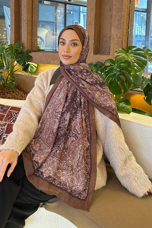 Lamelif Retro Desen Bambu Şal Asker Yeşili Koyu Kahve