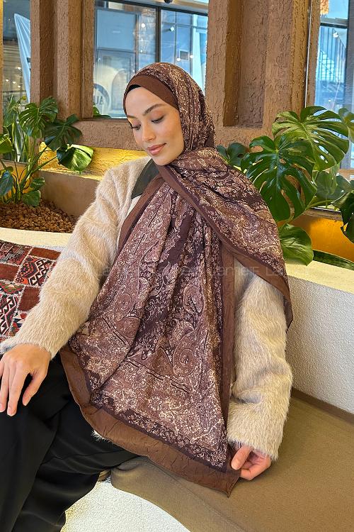 Lamelif Retro Desen Bambu Şal Asker Yeşili Koyu Kahve