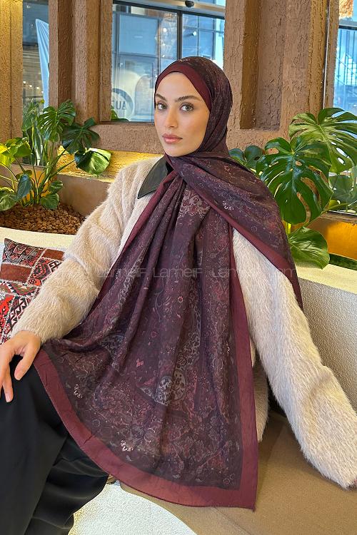 Lamelif Retro Desen Bambu Şal Koyu Bordo