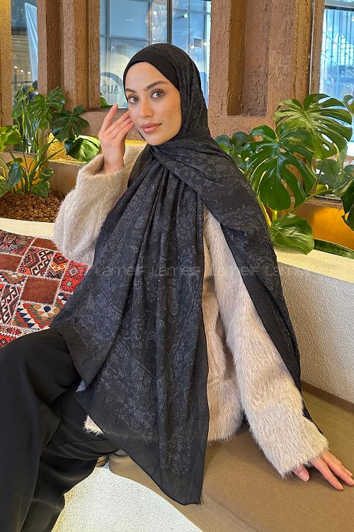 Black Lily Cotton Fabric Flowering Printed Shawl