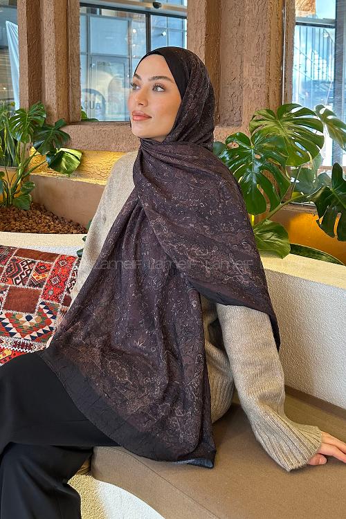 Lamelif Retro Desen Bambu Şal Siyah Kahverengi