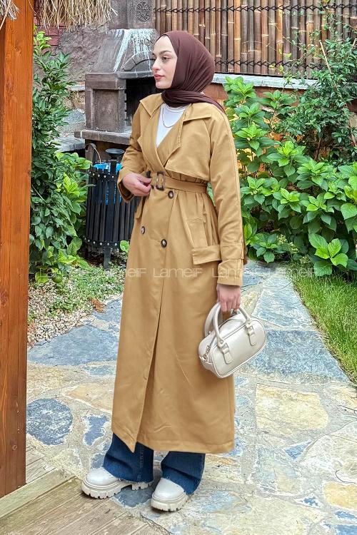Camel Long Arm Belted Cotton Trench Coat