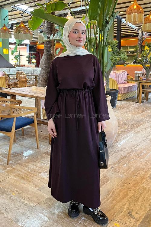 Lamelif Bel Tünel Detaylı Elbise Bordo