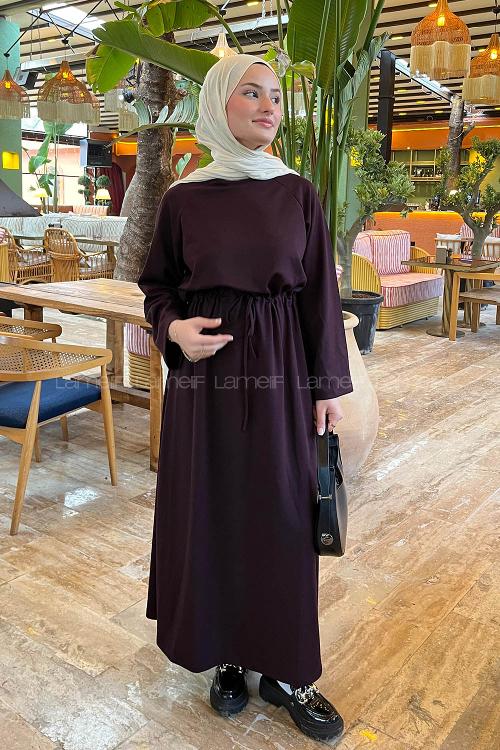 Lamelif Bel Tünel Detaylı Elbise Bordo