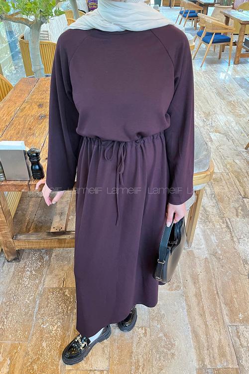 Lamelif Bel Tünel Detaylı Elbise Bordo