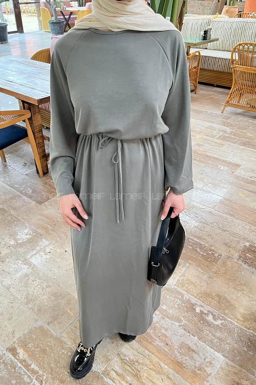 Lamelif Bel Tünel Detaylı Elbise Çağla Yeşili