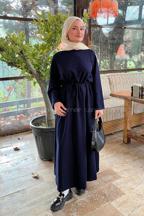 Lamelif Bel Tünel Detaylı Elbise Lacivert