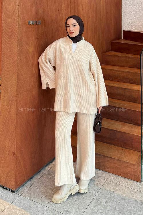 Lamelif Fitilli Triko Takım Krem