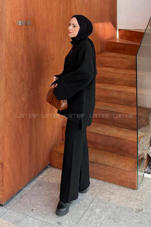 Lamelif Fitilli Triko Takım Siyah
