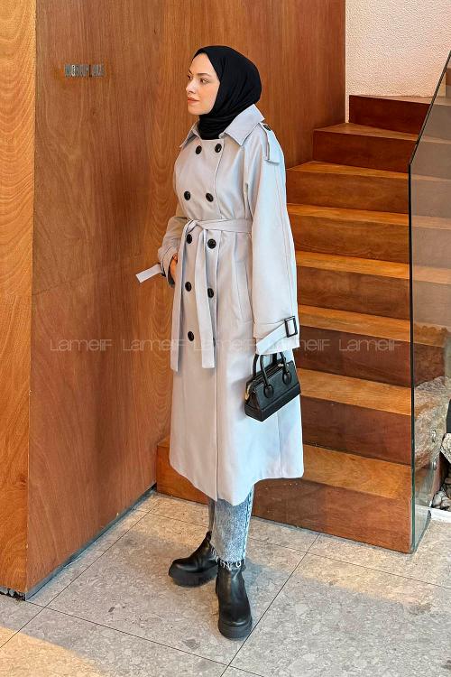 Modalamelif Reglan Kol Düğmeli Trenç Gri