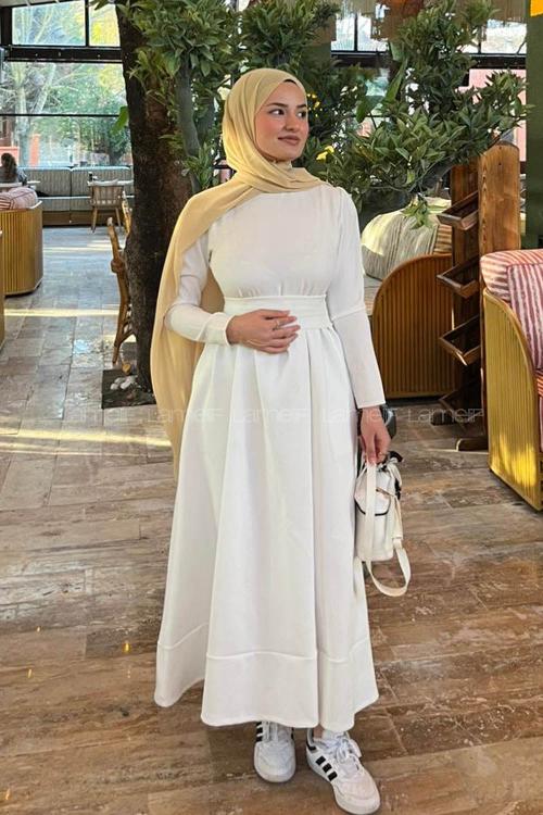 Lamelif Bağlama Detaylı Scuba Elbise Beyaz