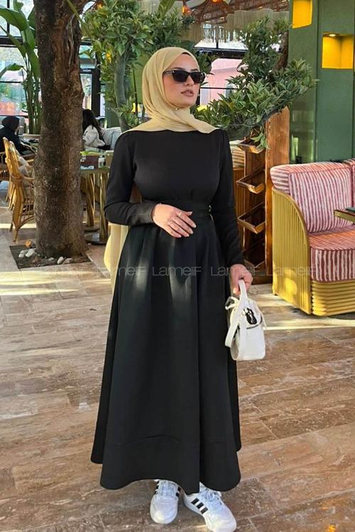 Lamelif Bağlama Detaylı Scuba Elbise Siyah