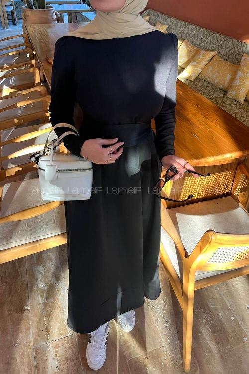 Lamelif Bağlama Detaylı Scuba Elbise Siyah