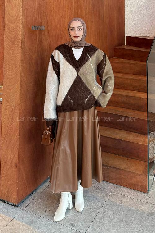 Brown V Neck Long Arm Jumper