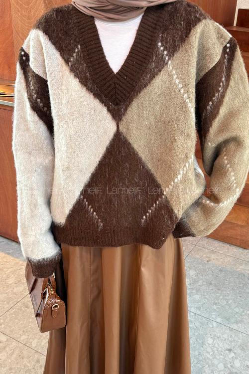 Brown V Neck Long Arm Jumper