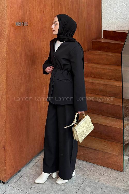 Lamelif Bel Kuşaklı Ceket Pantolon İkili Tesettür Takım Siyah
