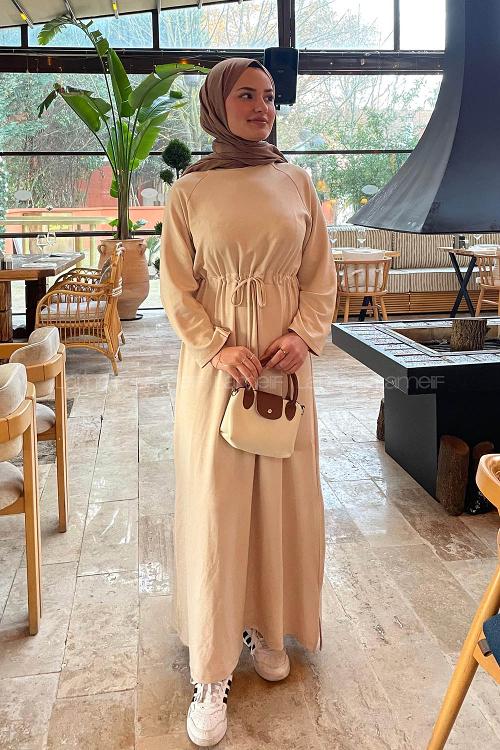 Lamelif Bel Tünel Detaylı Elbise Bej
