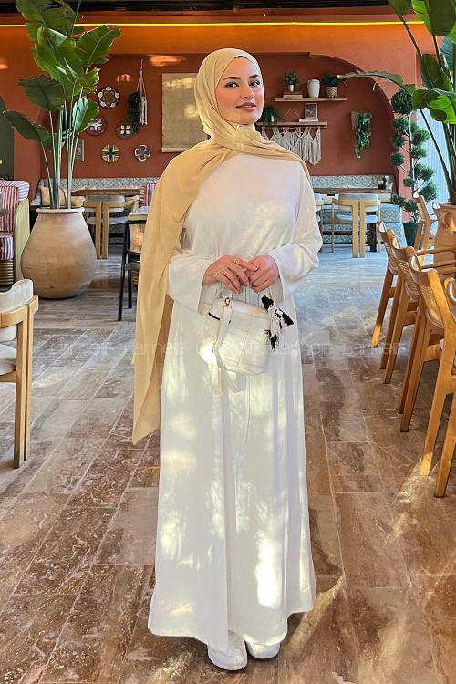 Lamelif Bel Tünel Detaylı Elbise Ekru