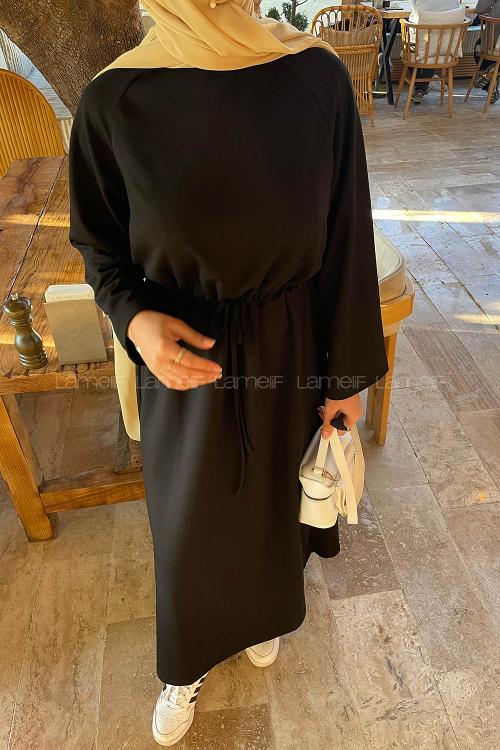 Lamelif Bel Tünel Detaylı Elbise Siyah
