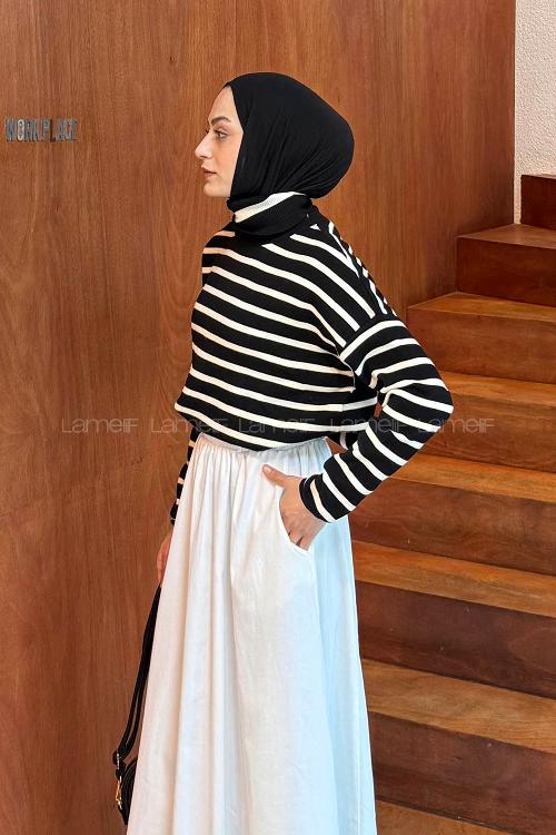 Lamelif Çizgili BalIkçı Kazak Siyah