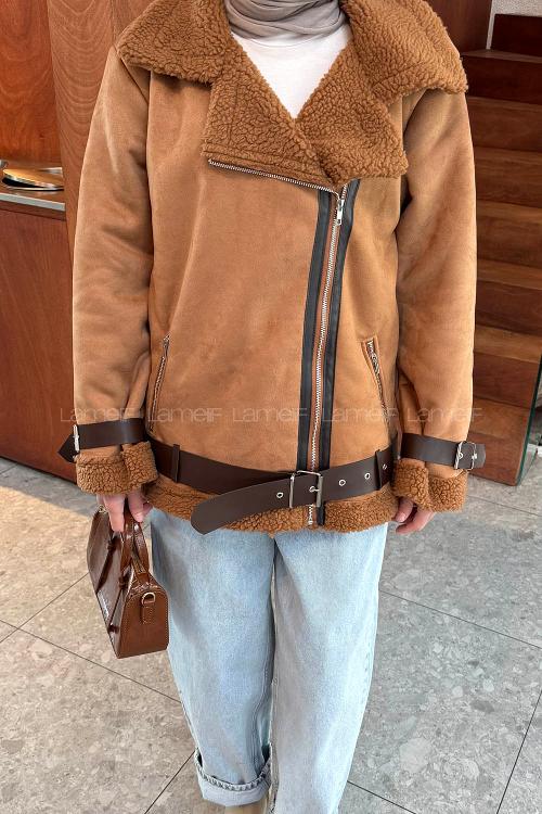 Lamelif İçi Kürklü Biker Süet Mont Taba